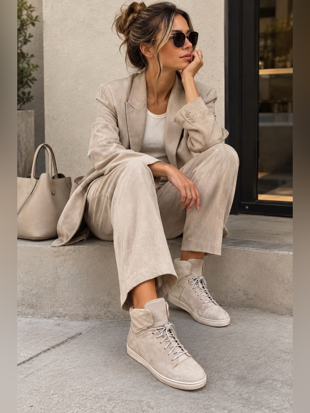 Women’s High-Top Leather Sneakers in Light Taupe